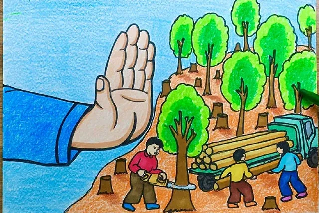 Một bức tranh với nhiều hoạt động bảo vệ môi trường như trồng cây, dọn rác, tái chế, và bảo vệ động vật, được thể hiện qua nét vẽ hồn nhiên của học sinh