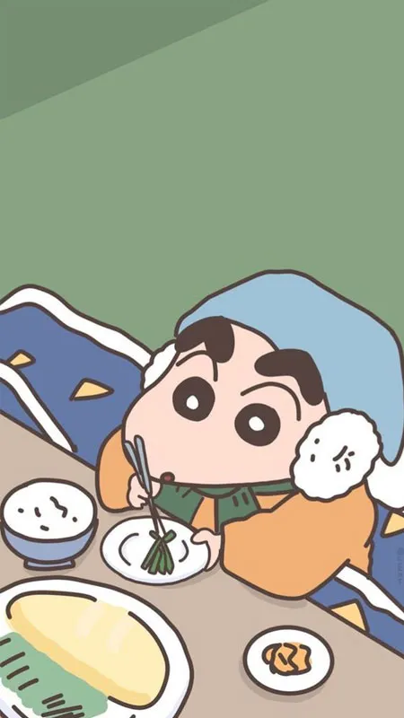 Hình nền Shin-chan với biểu cảm hài lòng khi ăn bánh ngọt