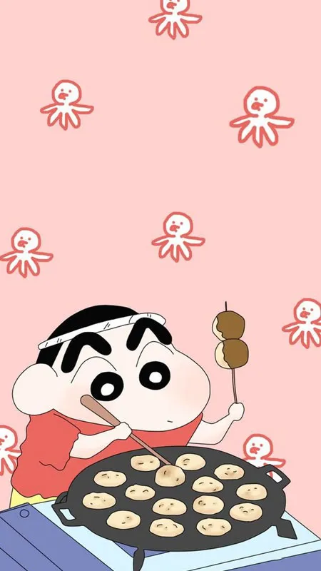 Hình nền Shin-chan đang ăn bánh cá Taiyaki nóng hổi