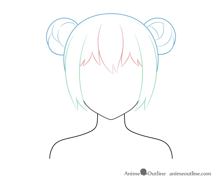 Sơ đồ phân tích tóc búi anime: mái, hai bên và búi tóc.