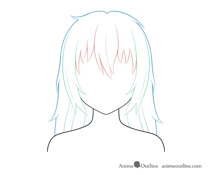 Sơ đồ phân tích các phần tóc dài rối anime: mái, hai bên và sau.