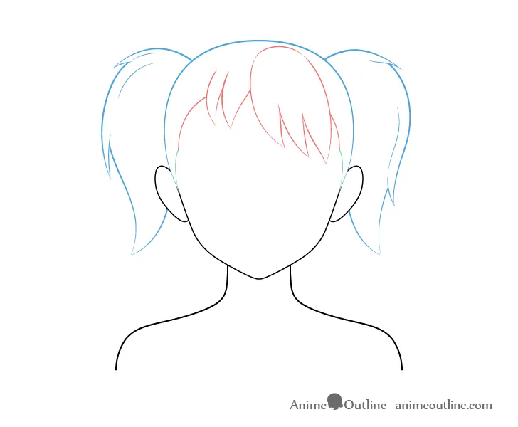 Sơ đồ phân tích tóc hai bím anime: mái, đỉnh đầu và hai bím.