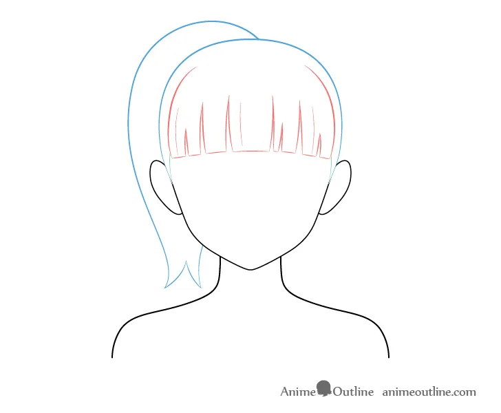 Sơ đồ phân tích các phần tóc đuôi ngựa anime: mái, đỉnh đầu và đuôi ngựa.