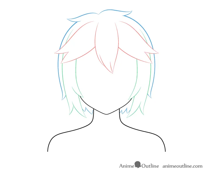 Sơ đồ phân tích tóc ngắn rối anime: mái, hai bên và sau.