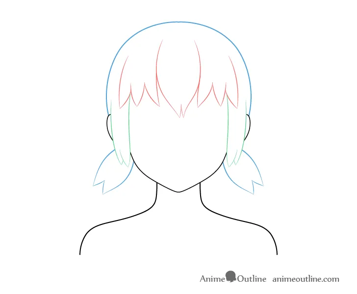 Sơ đồ phân tích tóc hai bím thấp anime: mái, hai bên và bím tóc.
