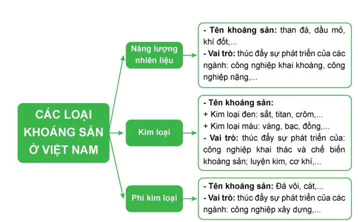 Sơ đồ tư duy về sự đa dạng tài nguyên khoáng sản Việt Nam và các giải pháp quản lý