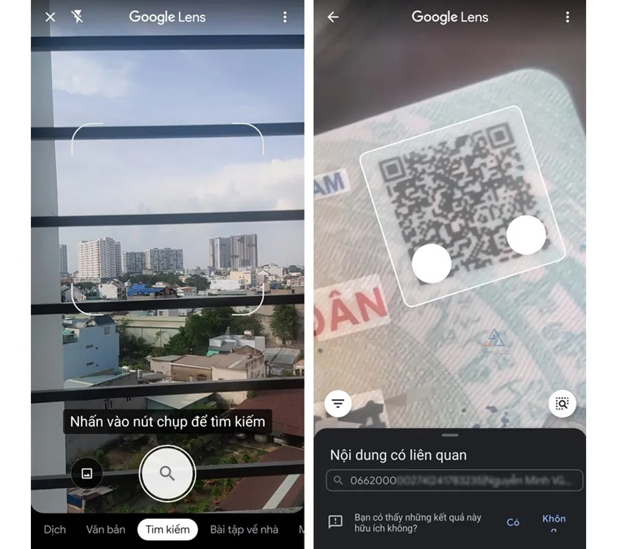 Giao diện Google Lens đang quét mã QR trên thẻ CCCD