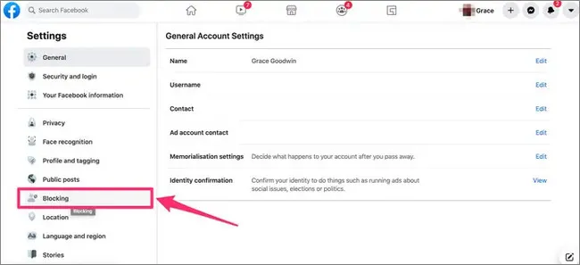Giao diện cài đặt chặn trên Facebook