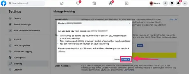 Màn hình xác nhận bỏ chặn trên Facebook
