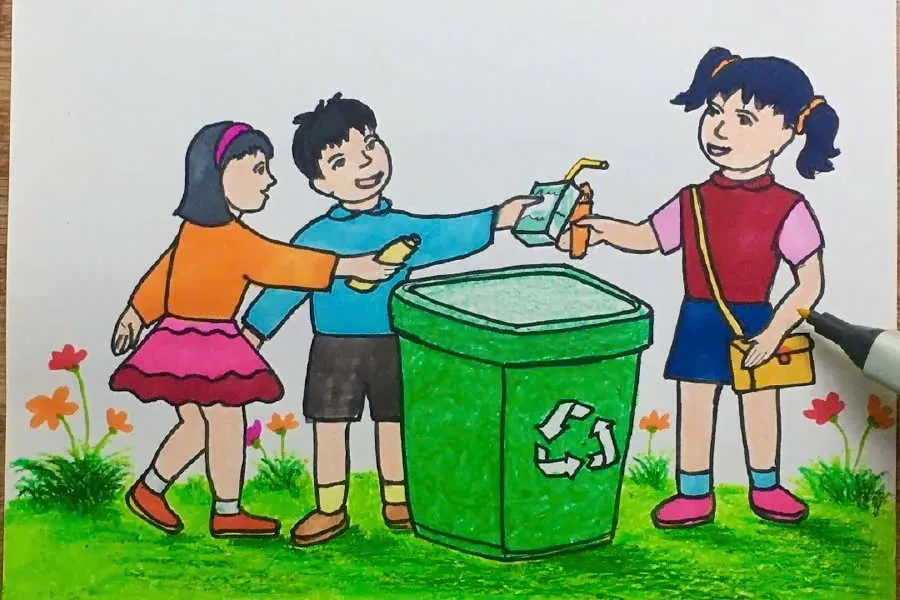 Tranh vẽ một cái cây lớn là biểu tượng của sự sống, được bảo vệ bởi con người và động vật, thể hiện sự gắn kết giữa các sinh vật