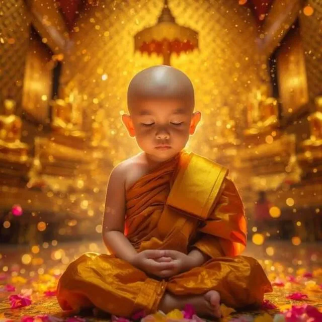 Chú tiểu an yên ngồi thiền bên hoa lá