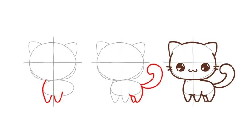Vẽ thân và đuôi của chú mèo chibi dễ thương