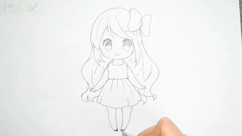 Hoàn thiện phác thảo chibi nữ với trang phục váy xòe dễ thương