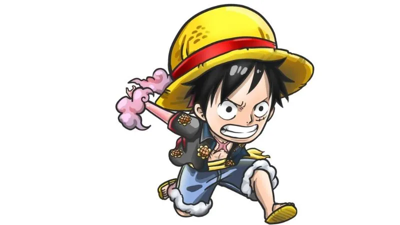 Luffy chibi với kiểu tóc xoăn và mũ rơm