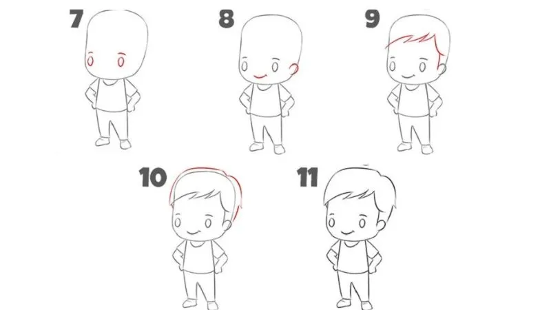 Vẽ chi tiết khuôn mặt chibi nam và trang phục áo phông đơn giản