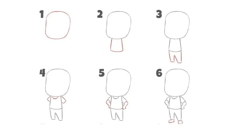 Phác họa cơ bản hình dáng đầu và thân của nhân vật chibi nam