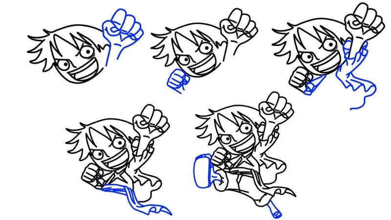 Vẽ thân và trang phục sơ mi của Luffy chibi