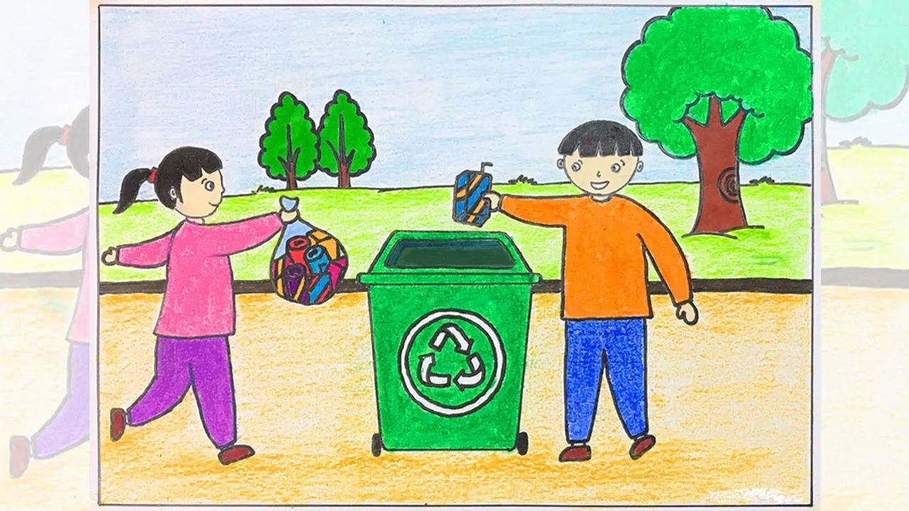 Bức tranh về bãi biển xanh mát với hàng dừa và mặt nước trong vắt, không rác thải, thể hiện vẻ đẹp của môi trường biển được bảo vệ