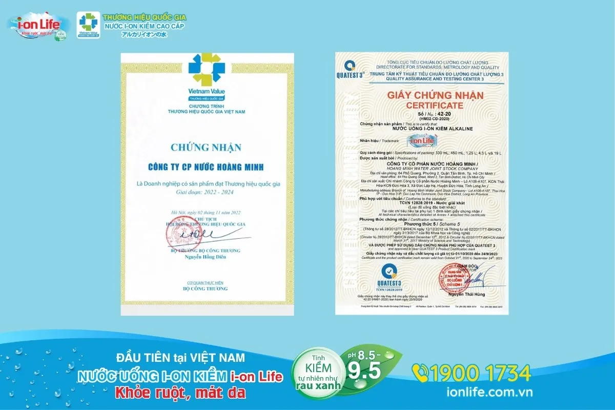 Các chứng nhận chất lượng cho sản phẩm nước khoáng ion kiềm uy tín