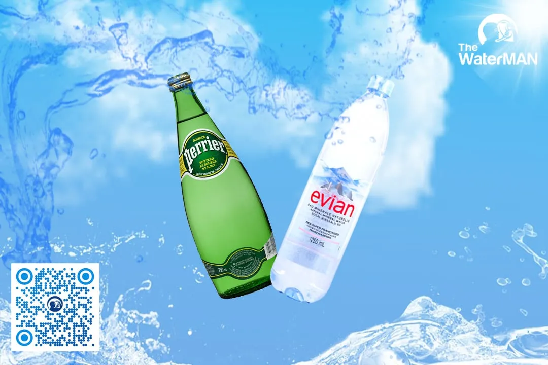 Hai chai nước khoáng cao cấp Evian và Perrier đặt cạnh nhau, minh họa sự lựa chọn phổ biến trong phân khúc nước nhập khẩu.