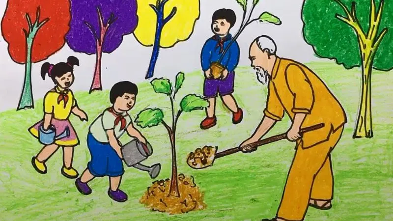 Bức tranh miêu tả hoạt động trồng cây gây rừng, với nhiều người đang chăm sóc những cây non, biểu tượng cho việc xây dựng môi trường xanh