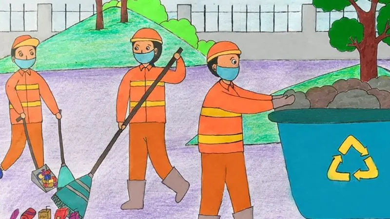 Học sinh và người lớn cùng nhau dọn dẹp rác trên đường phố, thể hiện tinh thần chung tay bảo vệ môi trường sạch đẹp