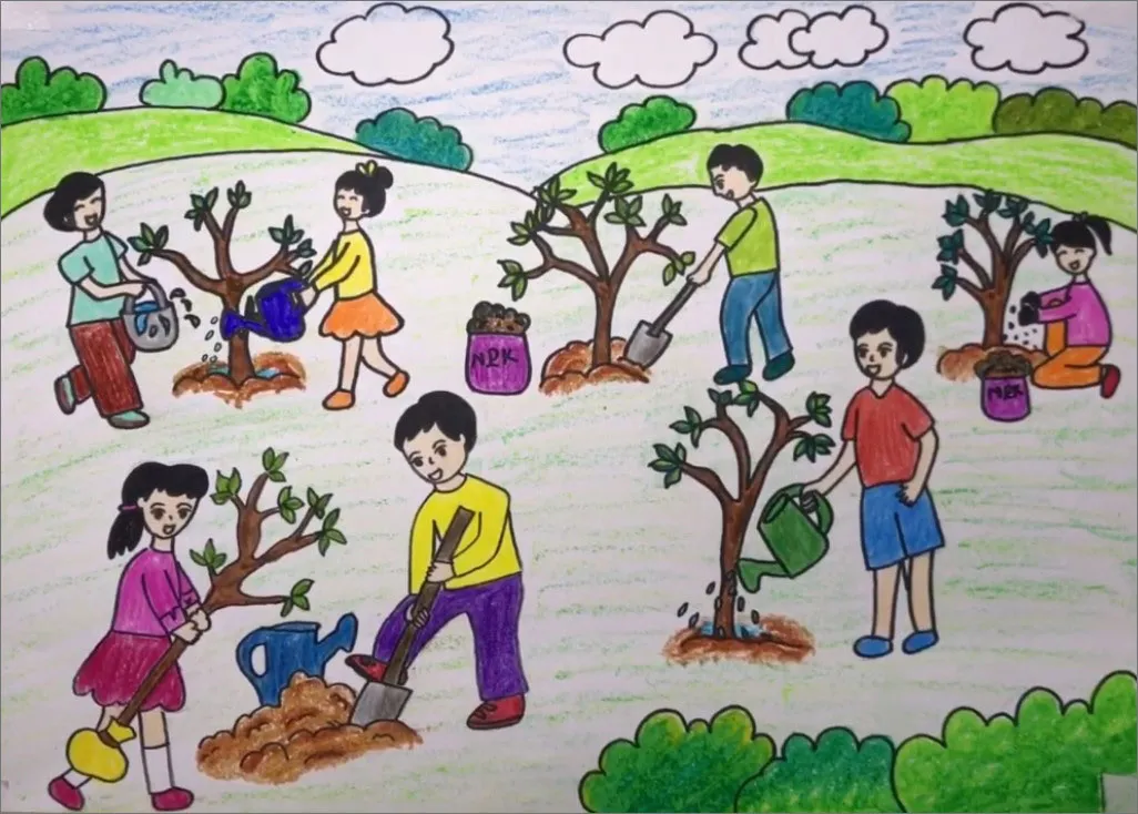 Bức tranh sôi động với trẻ em đang vui vẻ trồng cây, tưới nước, và dọn dẹp xung quanh, thể hiện cuộc sống hài hòa với thiên nhiên