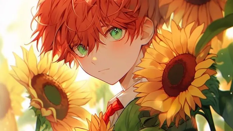 Anime nam độc đáo với bông hoa hướng dương, thể hiện sự vui tươi