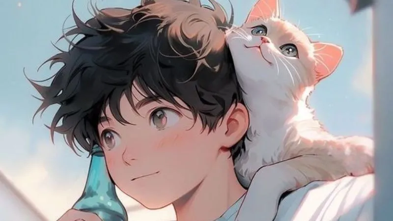 Anime nam dễ thương với chú mèo nhỏ, tạo cảm giác ấm áp