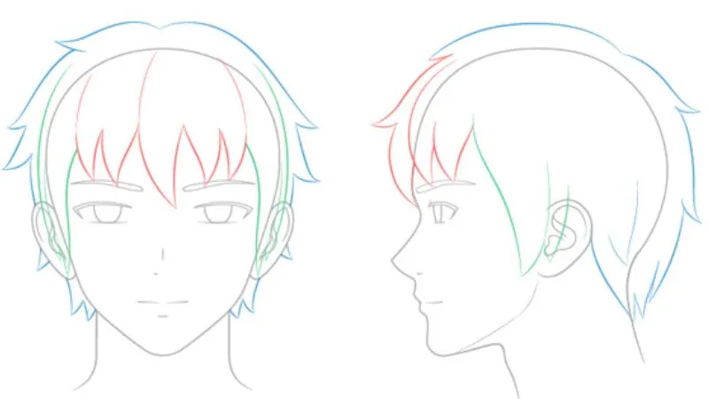 Sơ đồ phân chia màu sắc cho các phần tóc của nhân vật anime nam (xanh da trời, xanh lá, đỏ)