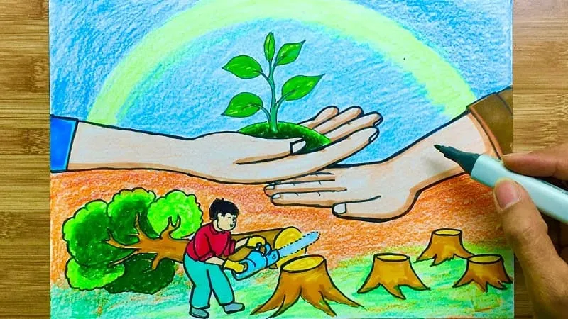 Tranh vẽ một bàn tay đang ôm lấy Trái Đất xanh tươi, biểu tượng cho hành động bảo vệ môi trường