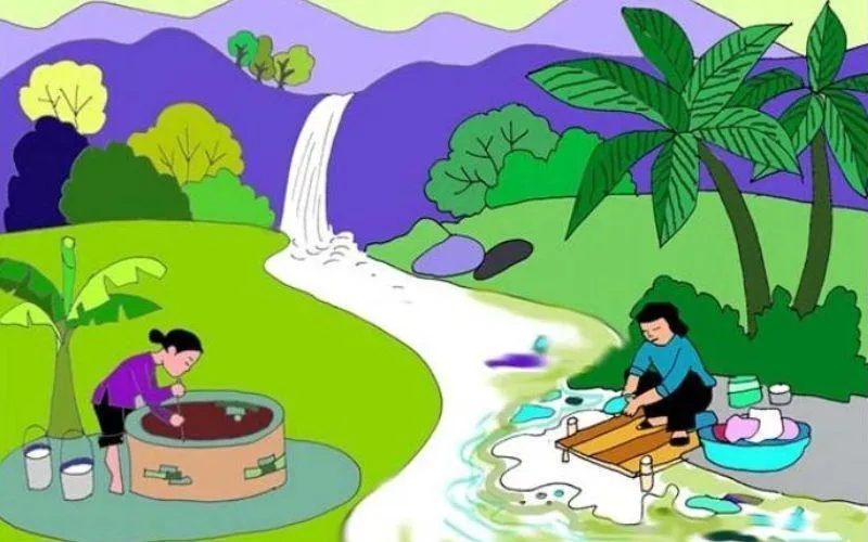 Tranh vẽ minh họa các phương pháp bảo vệ môi trường như sử dụng năng lượng tái tạo, tiết kiệm điện nước, và giảm thiểu rác thải