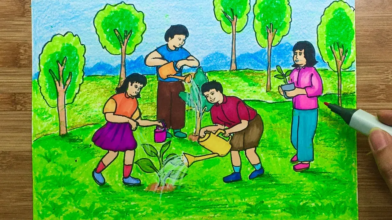 Hình ảnh các bạn nhỏ đang vui vẻ tưới cây, chăm sóc hoa, và tham gia các hoạt động ngoài trời, khuyến khích lối sống xanh và gần gũi với thiên nhiên