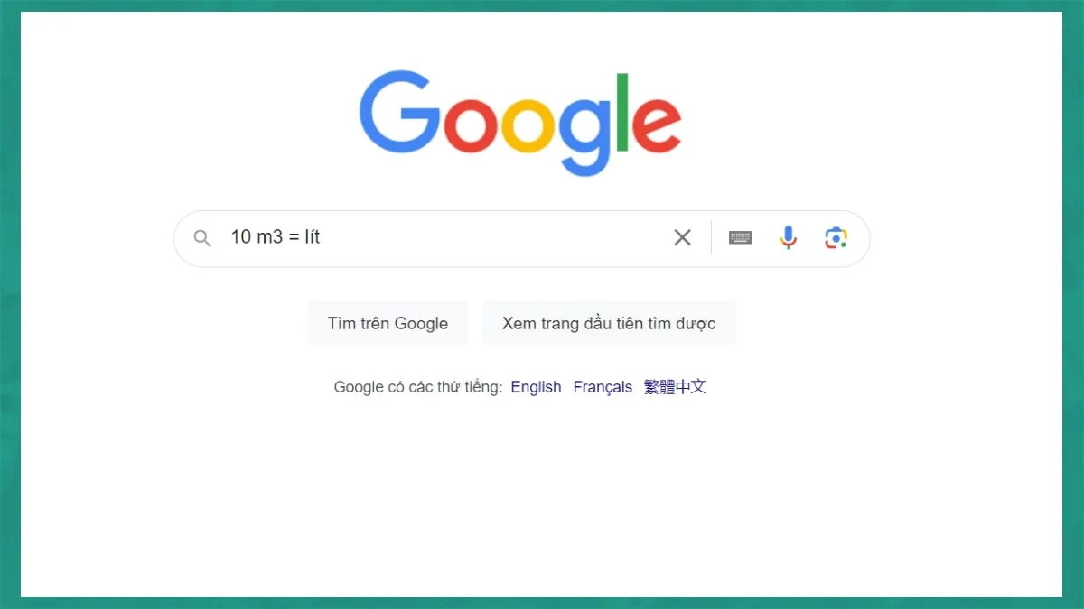 Giao diện tìm kiếm Google để quy đổi đơn vị mét khối sang lít
