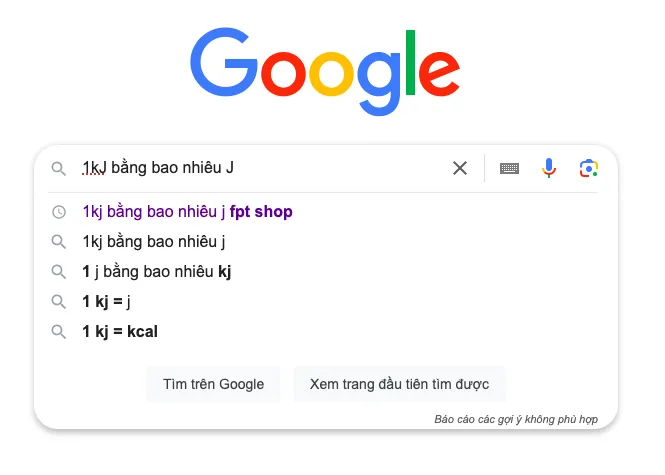 Kết quả tìm kiếm trên Google khi quy đổi 1 kJ sang J