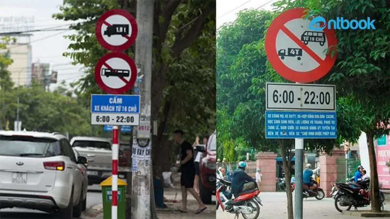 Biển báo cấm xe tải với hình xe tải màu đen, viền đỏ