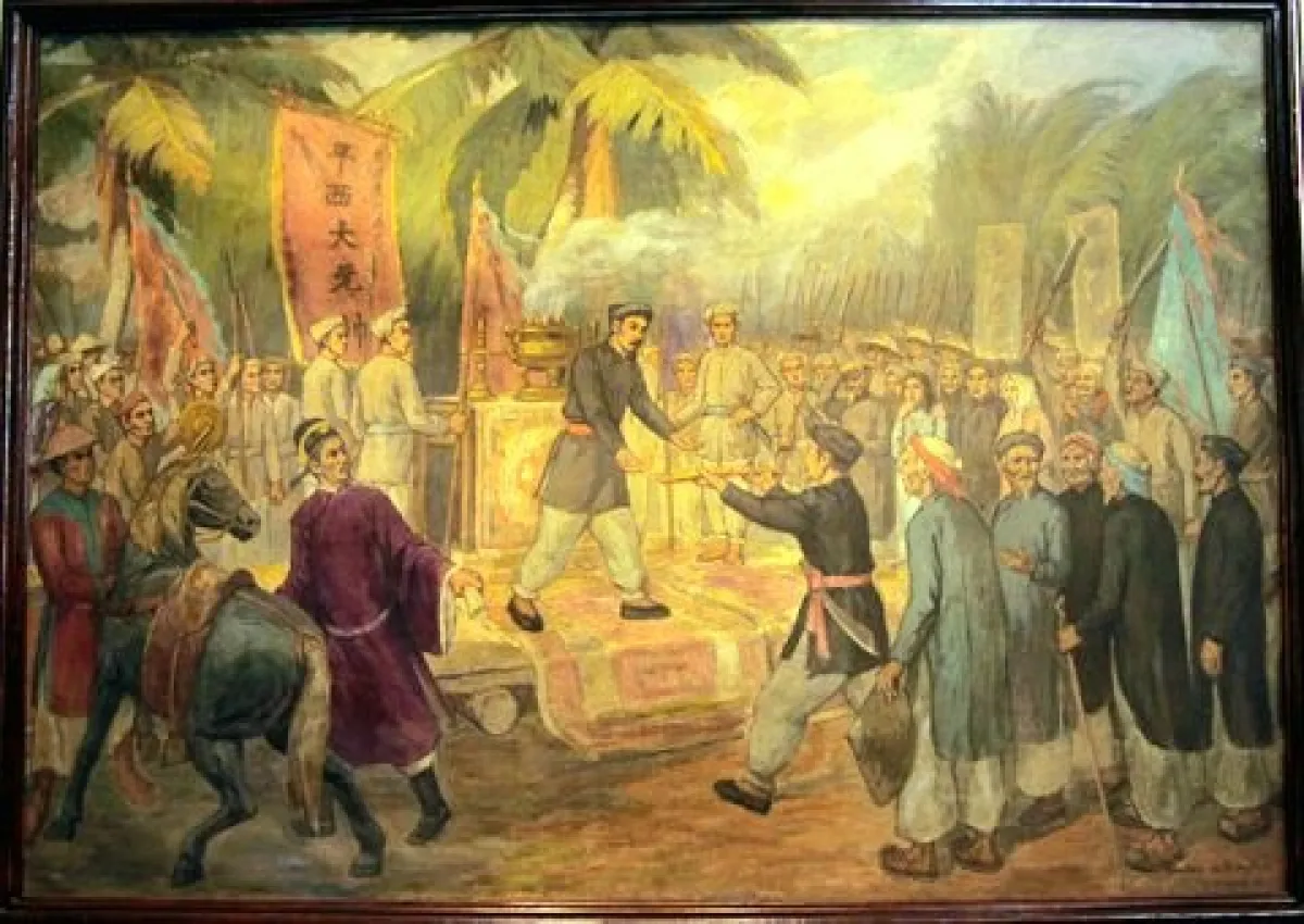 Bức tranh "Nhân dân suy tôn Trương Định làm Bình Tây Đại Nguyên Soái" trưng bày tại Bảo tàng Lịch sử Quốc gia