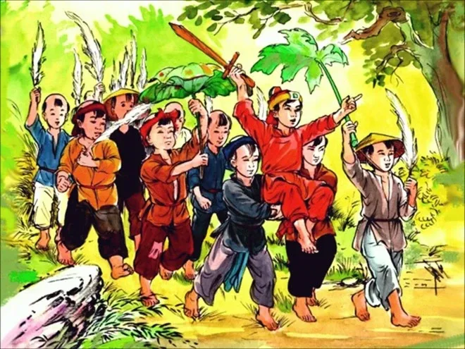 Đinh Bộ Lĩnh thời niên thiếu chăn trâu, lấy cỏ lau làm cờ