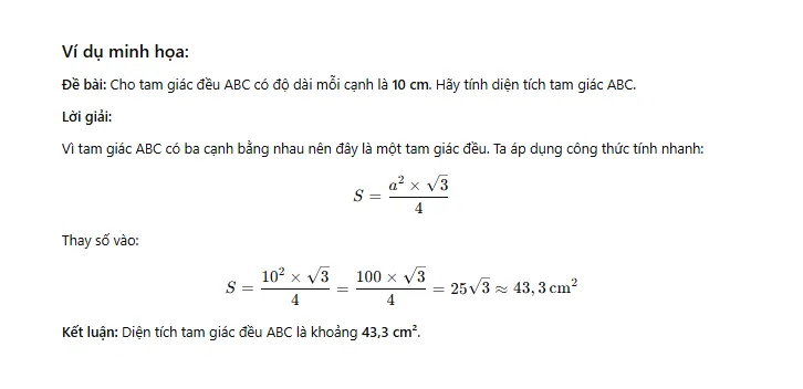 Ví dụ cụ thể về cách áp dụng công thức tính diện tích tam giác đều