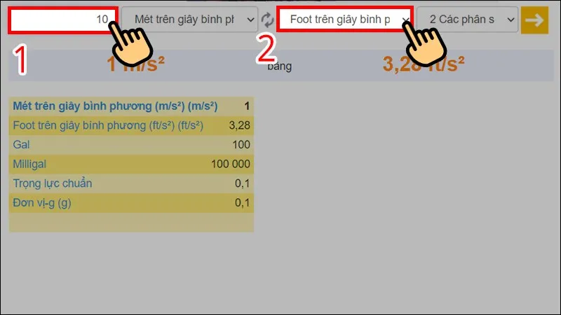 Bước 2: Nhập số lượng và chọn đơn vị muốn quy đổi