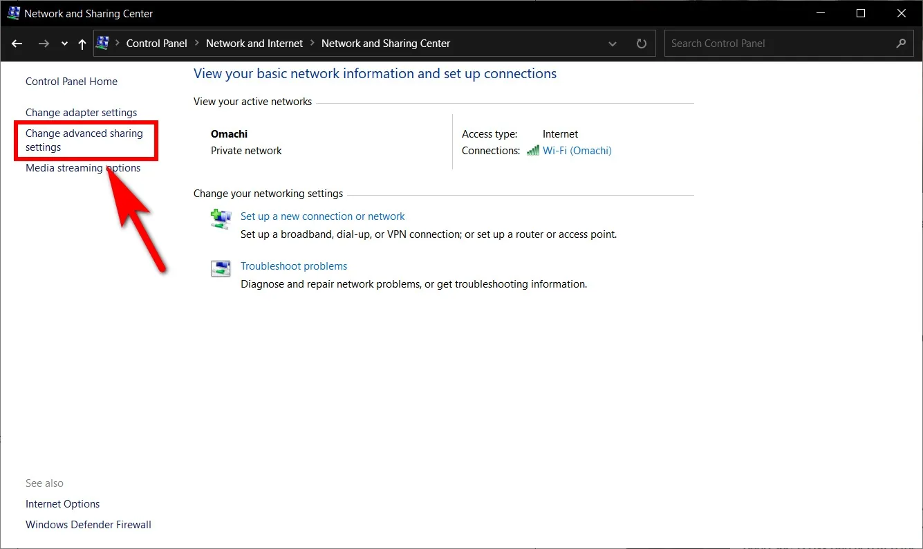 Mở cửa sổ Change advanced sharing settings