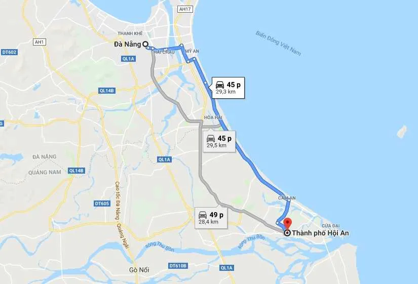 Quãng đường từ Đà Nẵng đến Hội An khoảng 30km
