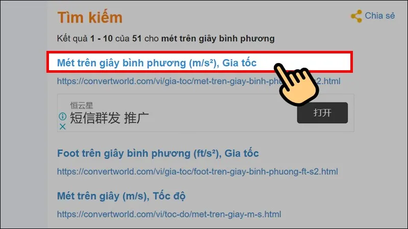 Bước 1: Tìm kiếm "mét trên giây bình phương" trên Convert World