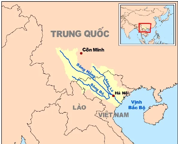 Bản đồ một phần hệ thống sông Hồng chảy qua các tỉnh phía Bắc Việt Nam